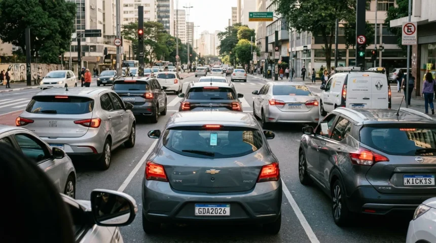 Cena urbana brasileira com motoristas usando dispositivos digitais, simbolizando a digitalização do trânsito no Brasil