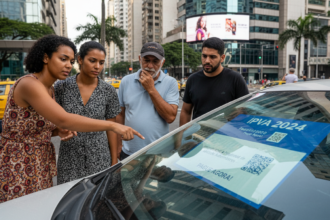 Pessoas observando notificação de pagamento de IPVA em para-brisa de carro.