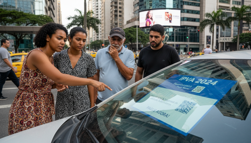 Desmistificando o IPVA 2026: Guia completo para entender alíquotas e isenções 1 Pessoas observando notificação de pagamento de IPVA em para-brisa de carro.