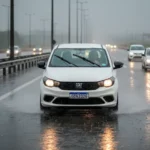 Motorista cauteloso dirigindo na chuva com visibilidade reduzida