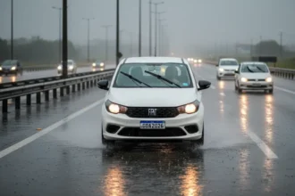 Motorista cauteloso dirigindo na chuva com visibilidade reduzida