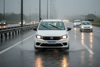 Motorista cauteloso dirigindo na chuva com visibilidade reduzida