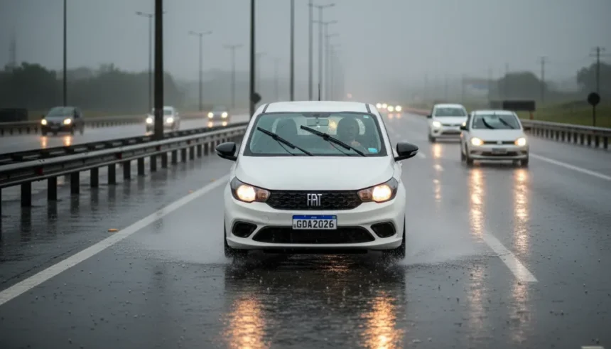 Os principais riscos de dirigir em tempestades e como os cuidados com o carro em dias de chuva podem ajudar 1 Motorista cauteloso dirigindo na chuva com visibilidade reduzida