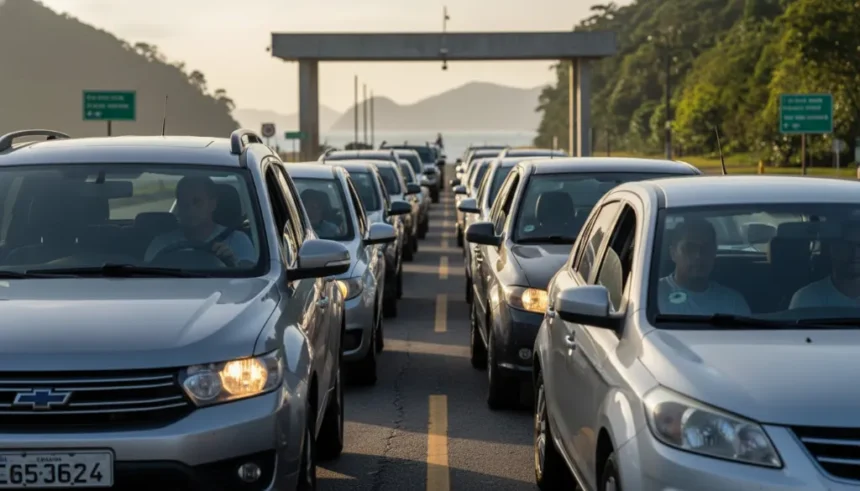 Vista aérea de Ilhabela com a indicação de detalhes sobre a taxa ambiental Ilhabela 2026