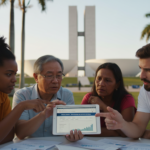 Pessoas discutindo o formulário de isenção do IPVA 2026 em um tablet.