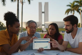 Pessoas discutindo o formulário de isenção do IPVA 2026 em um tablet.