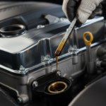 Extracao de vareta de oleo de motor de carro com gota de oleo dourado caindo.