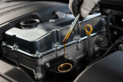 Extracao de vareta de oleo de motor de carro com gota de oleo dourado caindo.