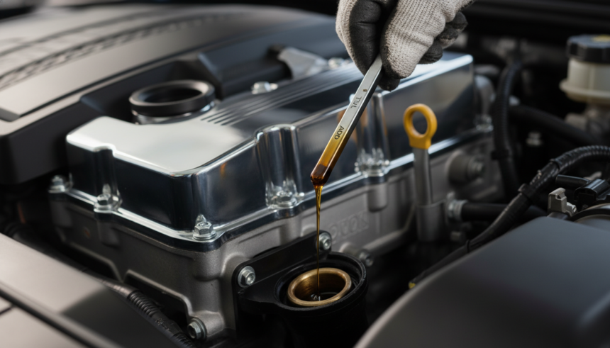 Extracao de vareta de oleo de motor de carro com gota de oleo dourado caindo.