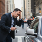 Pessoa olhando o carro com preocupação, com um gráfico de aumento de imposto ao lado.