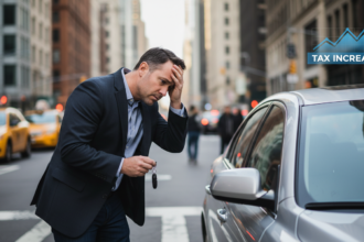 Pessoa olhando o carro com preocupação, com um gráfico de aumento de imposto ao lado.