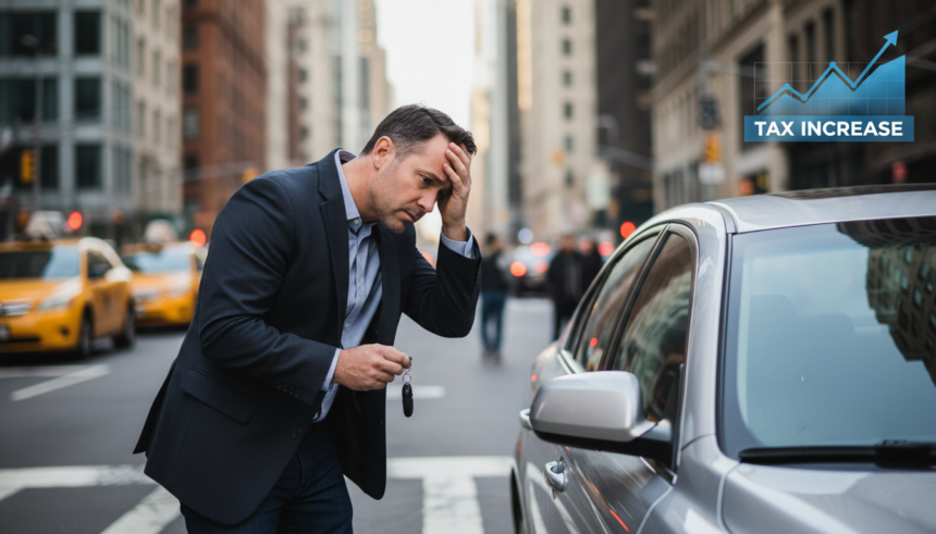 Pessoa olhando o carro com preocupação, com um gráfico de aumento de imposto ao lado.