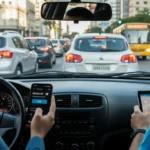 Imagem de rua de São Paulo ou Rio de Janeiro mostrando motoristas usando dispositivos digitais durante pagamento de IPVA