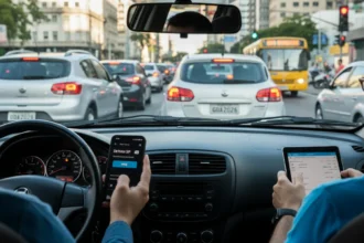 Imagem de rua de São Paulo ou Rio de Janeiro mostrando motoristas usando dispositivos digitais durante pagamento de IPVA