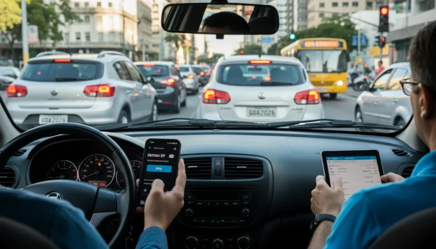 Vale a pena parcelar o IPVA? Compare desconto à vista, rendimento da Selic e prazos em SP e RJ para decidir como pagar 1 Imagem de rua de São Paulo ou Rio de Janeiro mostrando motoristas usando dispositivos digitais durante pagamento de IPVA