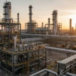 Instalação da Petrobras com tubulações, chaminés e trabalhadores no canteiro de obras durante o pôr do sol, destacando a megaobra bilionária da Petrobras anuncia megaobra bilionária