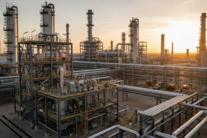 Instala&ccedil;&atilde;o da Petrobras com tubula&ccedil;&otilde;es, chamin&eacute;s e trabalhadores no canteiro de obras durante o p&ocirc;r do sol, destacando a megaobra bilion&aacute;ria da Petrobras anuncia megaobra bilion&aacute;ria