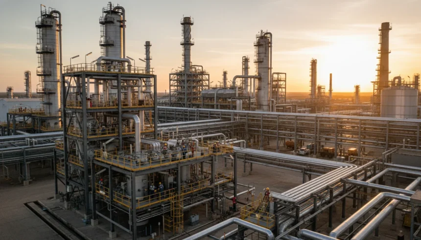 Instalação da Petrobras com tubulações, chaminés e trabalhadores no canteiro de obras durante o pôr do sol, destacando a megaobra bilionária da Petrobras anuncia megaobra bilionária