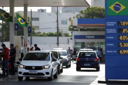 Posto de gasolina em Pernambuco com painel de pre&ccedil;os alto, carros abastecendo, bandeiras brasileiras e movimento urbano