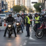 Ciclomotores sendo fiscalizados na rua urbana brasileira sob nova regulamentação de registro, placa e CNH