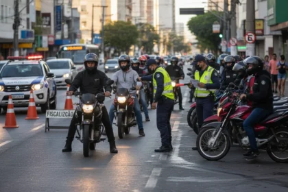 Ciclomotores sendo fiscalizados na rua urbana brasileira sob nova regulamenta&ccedil;&atilde;o de registro, placa e CNH