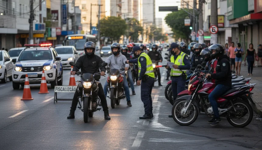 Ciclomotores sendo fiscalizados na rua urbana brasileira sob nova regulamentação de registro, placa e CNH