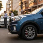 Foto de um carro seminovo sob pôr do sol com profissionais de seguradora analisando documentos