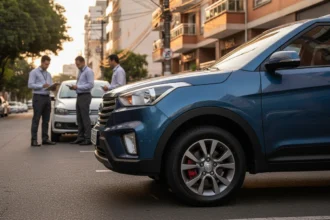 Foto de um carro seminovo sob pôr do sol com profissionais de seguradora analisando documentos