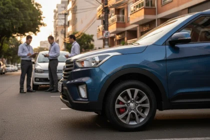 Foto de um carro seminovo sob p&ocirc;r do sol com profissionais de seguradora analisando documentos