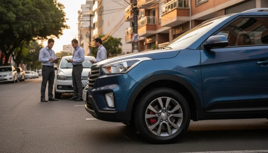 Foto de um carro seminovo sob pôr do sol com profissionais de seguradora analisando documentos