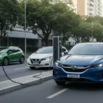 Imagem de rua urbana brasileira com carros elétricos em recarga, refletindo inovação e sustentabilidade em 2026