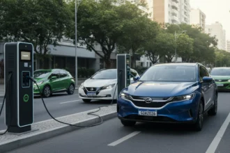 Imagem de rua urbana brasileira com carros elétricos em recarga, refletindo inovação e sustentabilidade em 2026