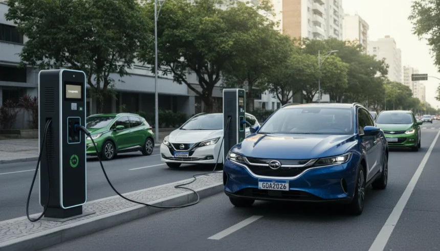 Imagem de rua urbana brasileira com carros elétricos em recarga, refletindo inovação e sustentabilidade em 2026