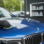 Imagem profissional de detalhamento automotivo de carro de alta gama com técnicas de estética automotiva