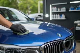 Imagem profissional de detalhamento automotivo de carro de alta gama com técnicas de estética automotiva