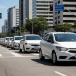 Foto realista de rua urbana brasileira com carros modernos, destaque para Chevrolet Onix em teste de eficiência