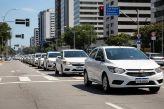 Foto realista de rua urbana brasileira com carros modernos, destaque para Chevrolet Onix em teste de eficiência