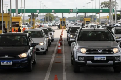 Imagem de fiscaliza&ccedil;&atilde;o na fronteira do Mercosul com ve&iacute;culos e placas Mercosul vis&iacute;veis