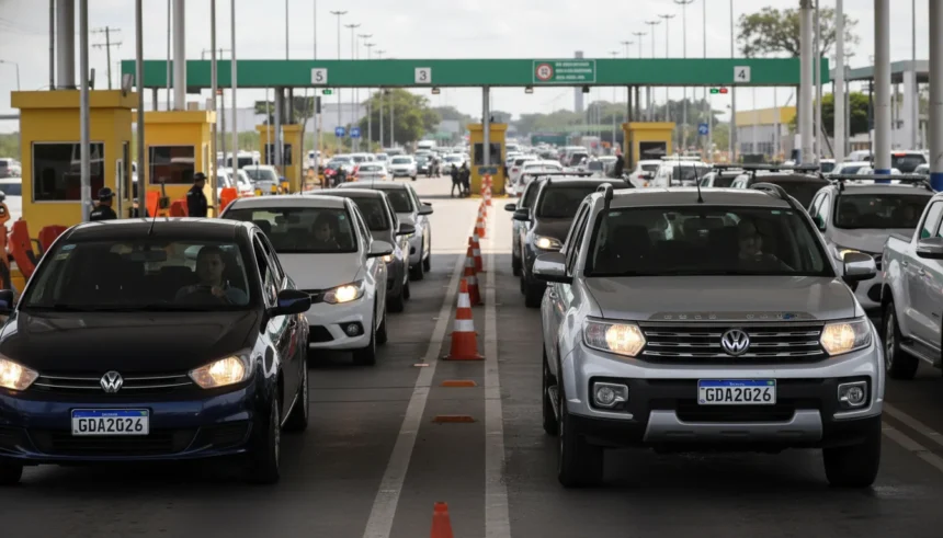 Imagem de fiscalização na fronteira do Mercosul com veículos e placas Mercosul visíveis