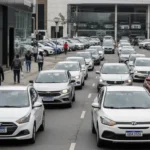 Cena urbana brasileira com veículos leves novos e usados, concessionárias e movimento de pedestres, ilustrando a previsão de crescimento 3% da Fenabrave.