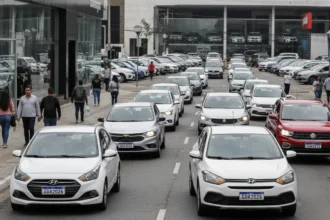 Cena urbana brasileira com veículos leves novos e usados, concessionárias e movimento de pedestres, ilustrando a previsão de crescimento 3% da Fenabrave.