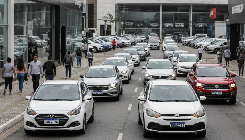 Cena urbana brasileira com veículos leves novos e usados, concessionárias e movimento de pedestres, ilustrando a previsão de crescimento 3% da Fenabrave.