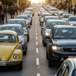 Imagem de rua urbana brasileira ao entardecer com carros antigos e modernos, simbolizando mudanças para motoristas Uber