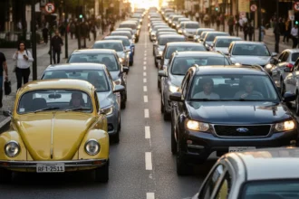 Imagem de rua urbana brasileira ao entardecer com carros antigos e modernos, simbolizando mudanças para motoristas Uber