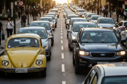 Imagem de rua urbana brasileira ao entardecer com carros antigos e modernos, simbolizando mudan&ccedil;as para motoristas Uber