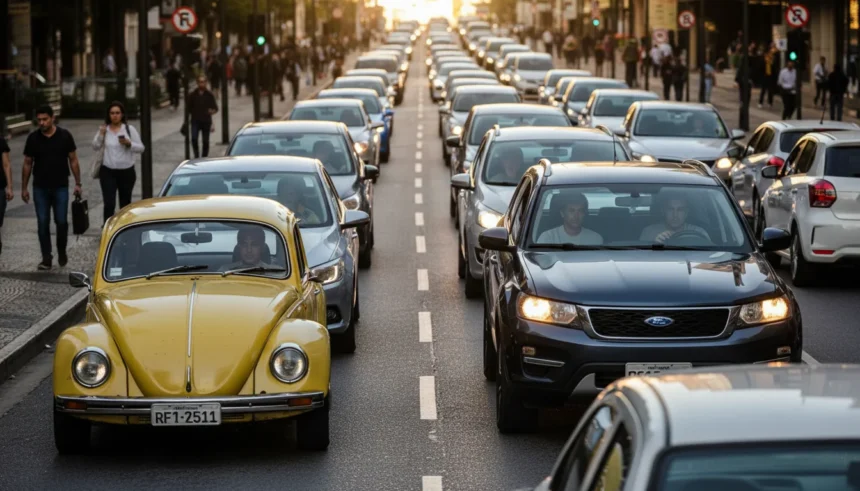 Uber Black e Comfort 2026: Quais carros são excluídos e o que muda para motoristas no Brasil? 1 Imagem de rua urbana brasileira ao entardecer com carros antigos e modernos, simbolizando mudanças para motoristas Uber