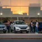 Concessionária movimentada ao pôr do sol exibe Hyundai Creta, HR-V e Polo, destaque para os 50 carros mais vendidos