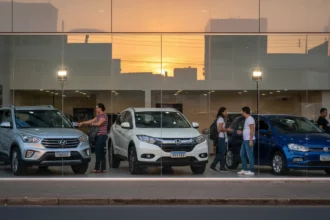 Concessionária movimentada ao pôr do sol exibe Hyundai Creta, HR-V e Polo, destaque para os 50 carros mais vendidos