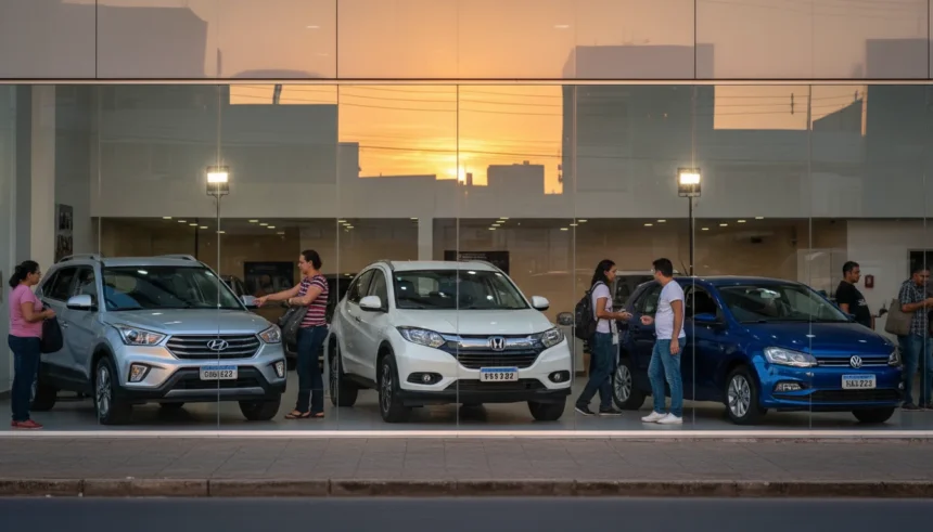 Os 50 carros mais vendidos no varejo em 2025: Hyundai Creta lidera, HR-V e Polo surpreendem e Fiat Strada cai do topo nas lojas 1 Concessionária movimentada ao pôr do sol exibe Hyundai Creta, HR-V e Polo, destaque para os 50 carros mais vendidos