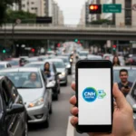 Cena urbana de São Paulo com foco em smartphone exibindo CNH Digital do Brasil, marcando 40 milhões de downloads.